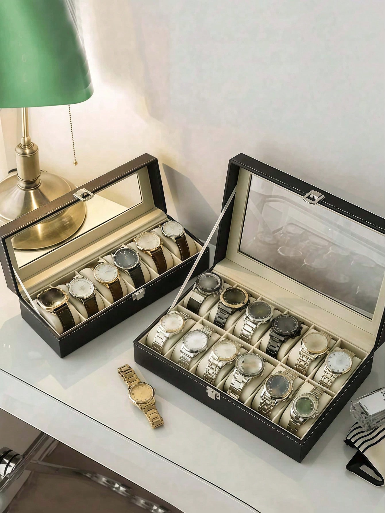 Leather Watch Box with Lock, L - Men'S Accessories Rack 评论和价格